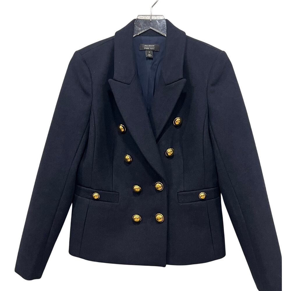 Halogen x Atlantic Pacific Double‎ Breasted Blazer Navy Wool Blend Gold Button 8